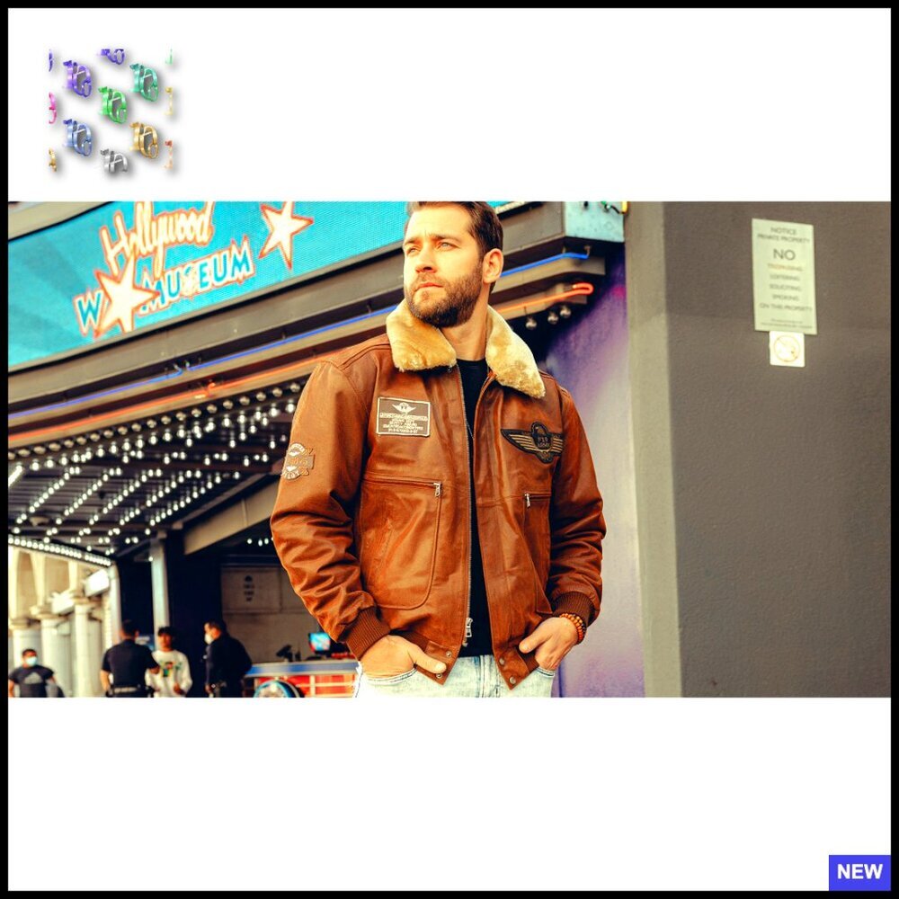 Men's Genuine Leather Bomber Jacket with Removable Fur Collar Aviator Style - Picture 6 of 6